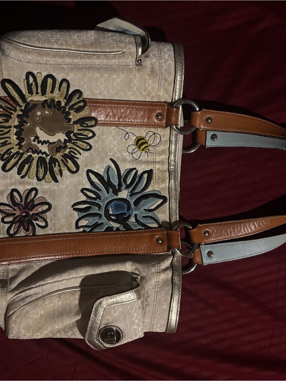 Coach Cream Shoulder Bag with Floral Embroidery and Tan Straps